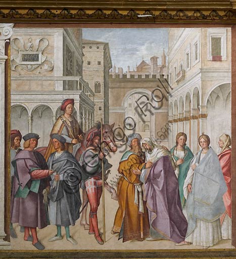 Cremona, Duomo (Cattedrale di S. Maria Assunta), interno, navata mediana, primo arcone: "Incontro di San Gioacchino con Sant'Anna", affresco di Boccaccio Boccaccino, 1515.