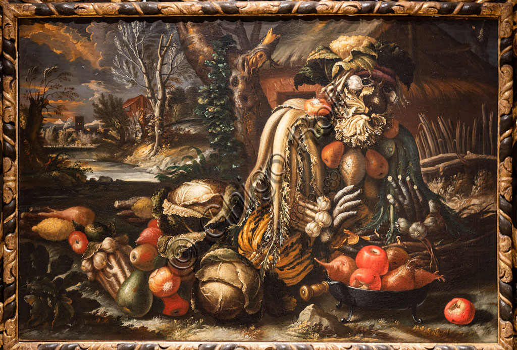 Brescia, Pinacoteca Tosio Martinengo: "Winter", oil on canvas by Antonio Rasio inspired by the Metamorphoses by Ovid. The fanciful composition of seasonal fruits and flowers is as seen in paintings by Arcimboldo.
