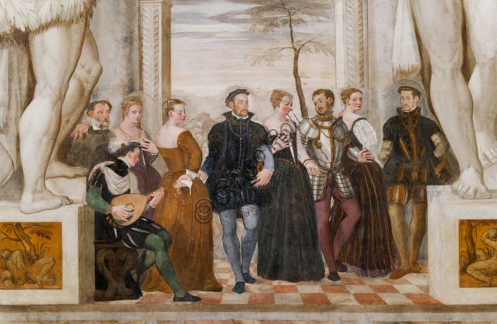 Caldogno, Villa Caldogno, main hall: "Invitation to the Dance";". Fresco by Giovanni Antonio Fasolo, about 1570.