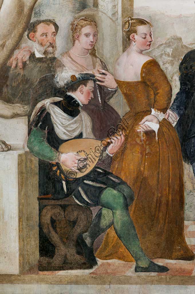 Caldogno, Villa Caldogno, main hall: "Invitation to the Dance";". Fresco by Giovanni Antonio Fasolo, about 1570. Detail.