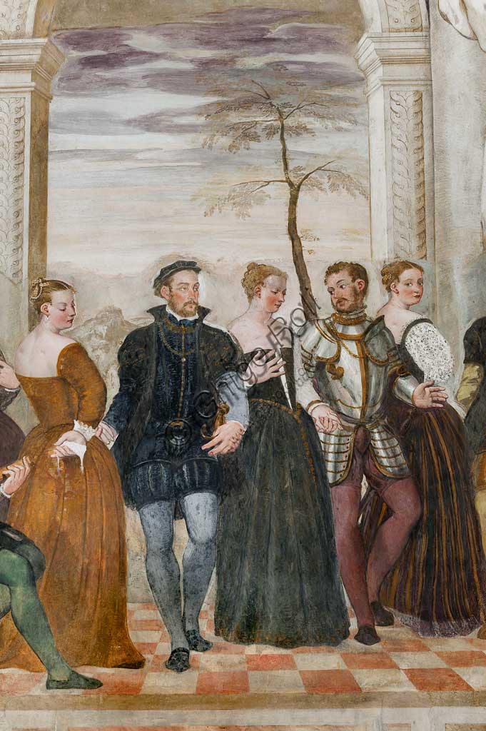 Caldogno, Villa Caldogno, main hall: "Invitation to the Dance";". Fresco by Giovanni Antonio Fasolo, about 1570. Detail.