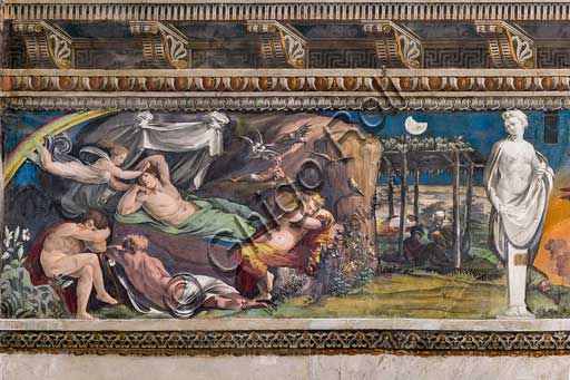 Roma, Villa Farnesina, Sala delle Prospettive: fregio superiore con scene mitologiche ispirate alle Metamorfosi di Ovidio.  Particolare con Iride che fa visita la casa del Sonno e chiede a Hypnos di mandare Orfeo da Alcione.  Affreschi di Baldassarre Peruzzi e bottega (1517-18).  