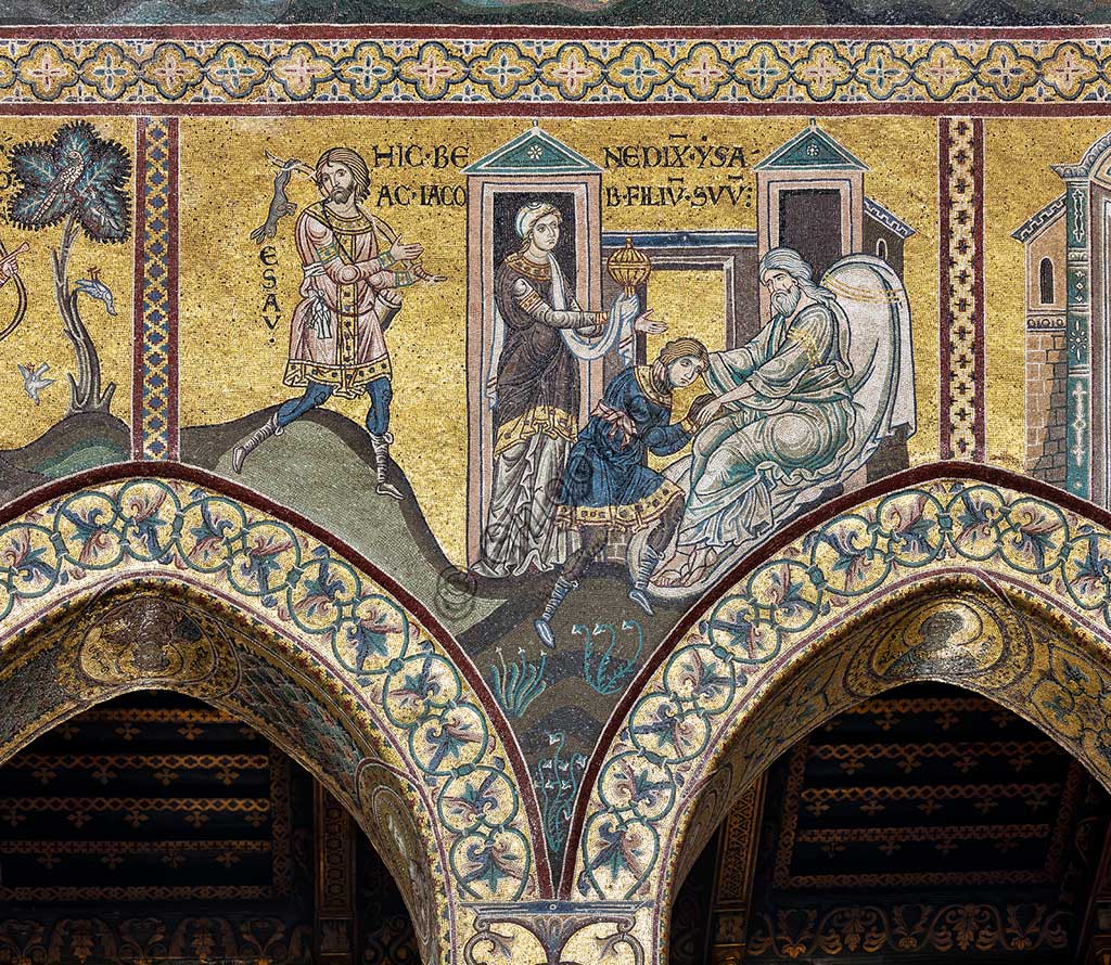 Monreale, Duomo: "Isacco benedice Giacobbe", mosaico bizantino, Ciclo del Vecchio Testamento - Abramo, XII - XIII sec.Iscrizione latina: "HIC BENEDIXIT ISAAC IACOB FILIUM SUUM". 