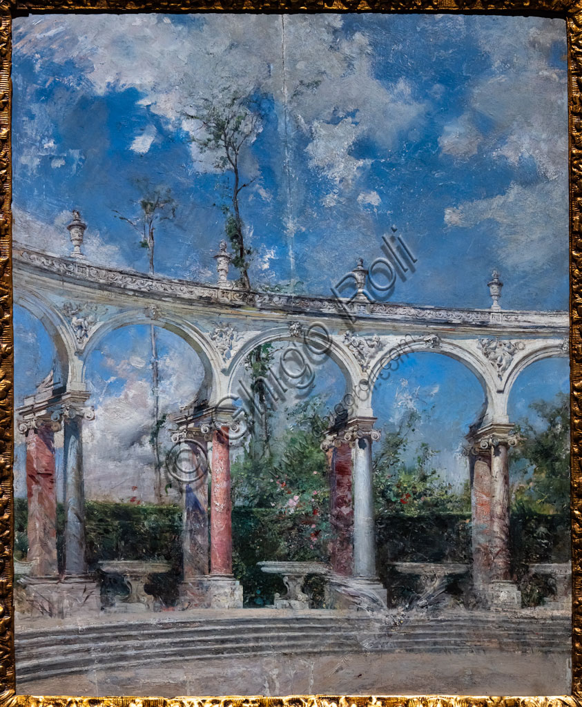 “The colonnade at Versailles”, by Giovanni Boldini, 1889, oil panel painting.