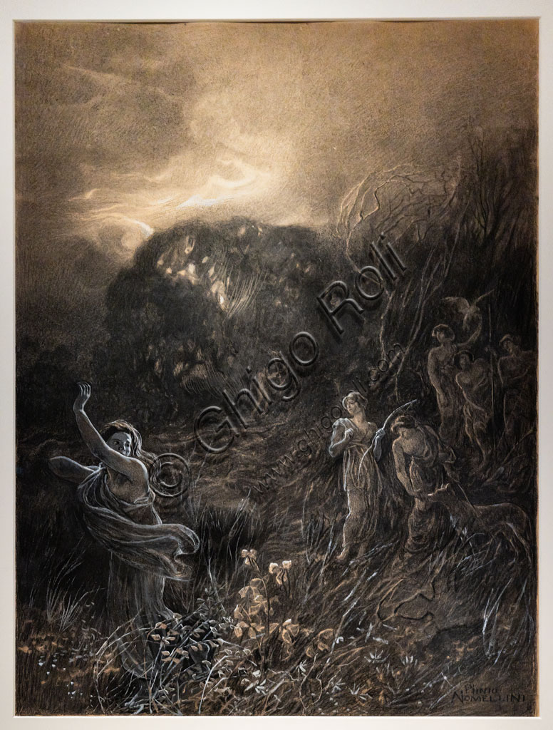 “Diana dismisses the nymph Helice, Purgatory, canto XXV”, by Plinio Nomellini,  1902, pen and coloured tempera on paper. Illustration for the Divine Comedy published by F. lli Alinari in 1902-3.