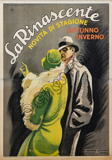 “La Rinascente, Coppia con cappelli e soprabiti invernali”, illustrazione per manifesto pubblicitario di Marcello Dudovich, 1928, cromolitografia su carta.