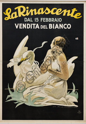 “La Rinascente, Dal 15 febbraio vendita del bianco”, illustrazione per manifesto pubblicitario di Marcello Dudovich, 1922.26, cromolitografia su carta.