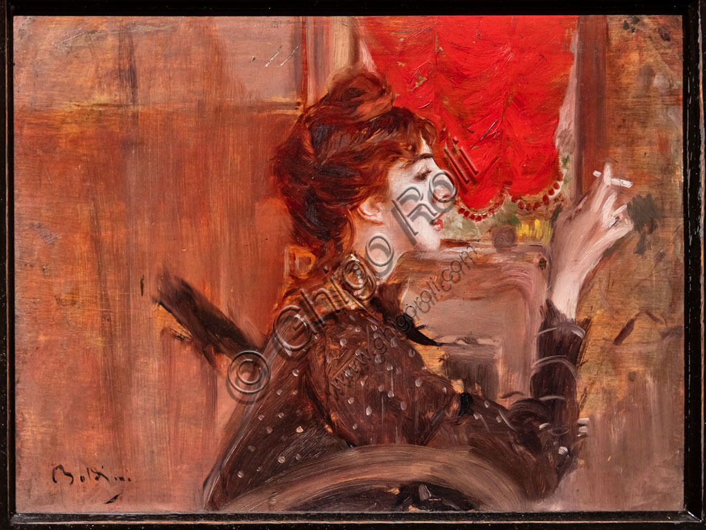 “The Red Curtain”, by Giovanni Boldini, 1904, oil painting on panel.