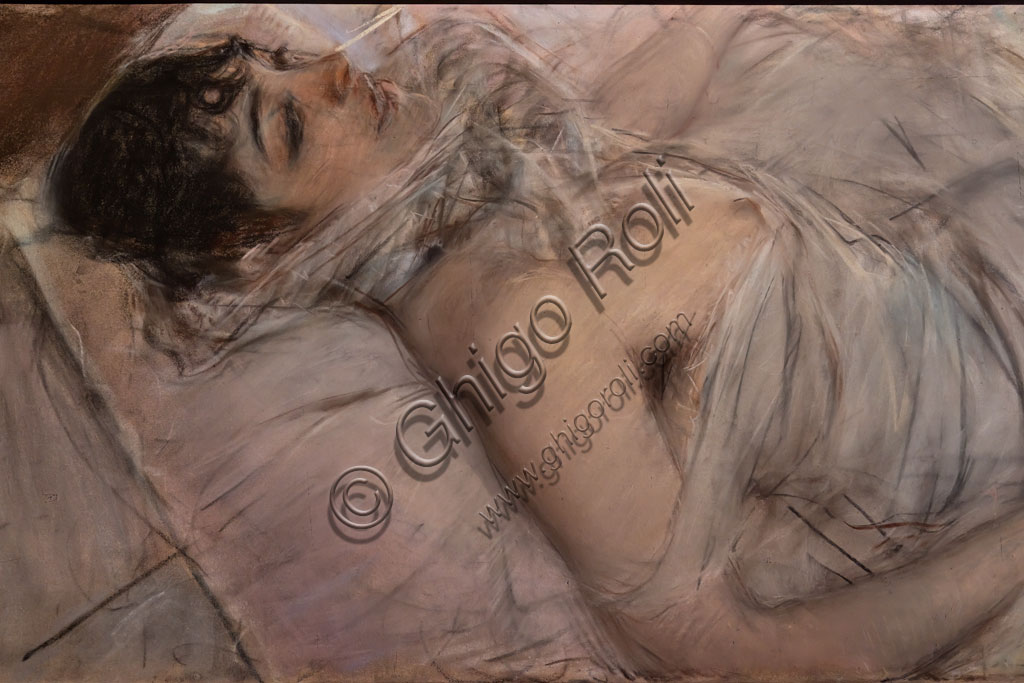 “The Countess of Rasty Reclining”, by Giovanni Boldini, 1880, pastel on paper.Detail.