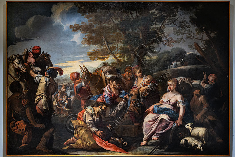 “Labano cerca gli idoli nascosti da Rachele”, di Giovanni Antonio de Pieri detto lo Zoppo, dipinto a olio su tela, inizi  XVIII secolo. 