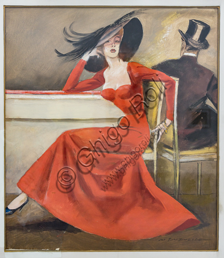 “L’abito rosso”, tempera e carboncino su carta , di Marcello Dudovich, 1954-5.