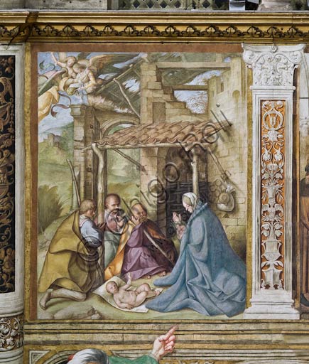 Cremona, Duomo (Cattedrale di S. Maria Assunta), interno,   navata mediana, quarto arcone: "L'Adorazione dei Pastori", affresco di Boccaccio Boccaccino, 1514-15.