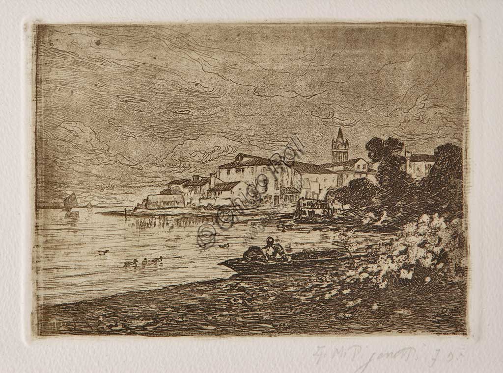 Collezione Assicoop - Unipol: "Laguna veneta", acquaforte e acquatinta su carta bianca, di Giuseppe Miti Zanetti (1859 - 1929).