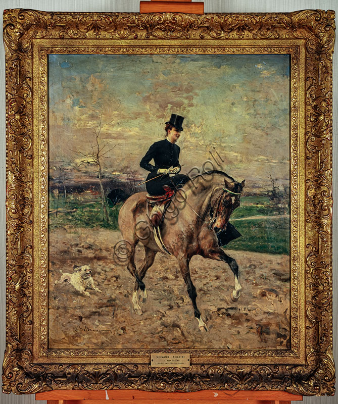 ”L’amazzone (Alice Regnault a cavallo)”, di Giovanni Boldini, 1878, dipinto a olio.