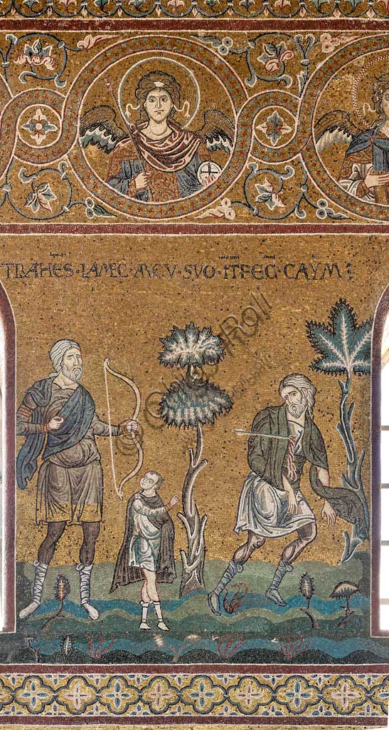  Monreale, Duomo: "Lamech kills Cain", Byzantine mosaic, Old Testament Cycle - Earthly Paradise, XII - XIII century.Latin inscription:  "TRAHENS LAMECH ARCU SUO INTERFICIT CAYM""