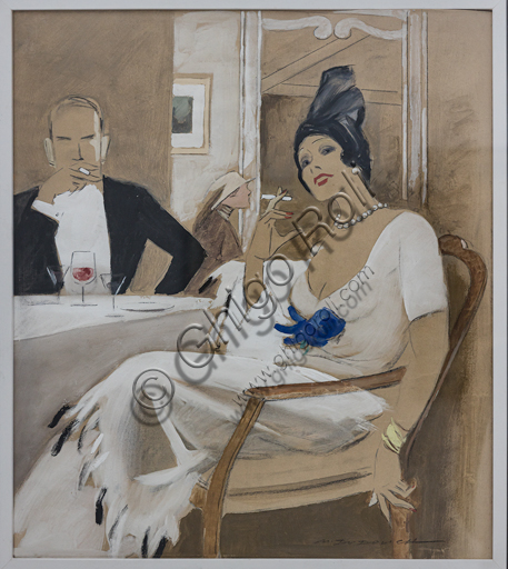 “The aperitif”,  by Marcello Dudovich,  tempera and pencil on paper, 1950.