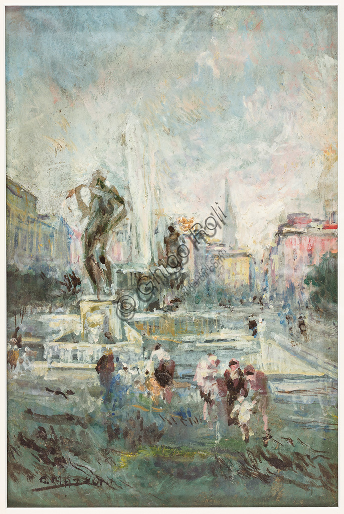  Assicoop - Unipol Collection:Giuseppe Mazzoni: "Largo Garibaldi in Modena". Oil on pasteboard, cm. 30 x 20.