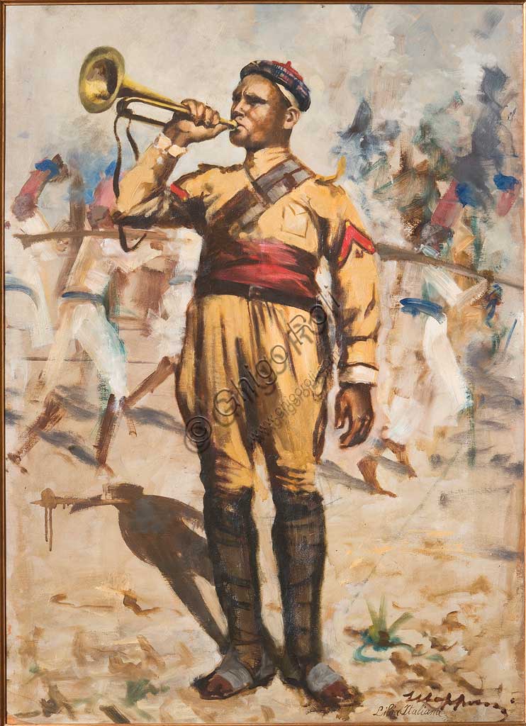 Assicoop - Unipol Collection: Giuseppe Mazzoni (1881-1957), "The Askari". Oil on plywood, cm. 70x100.