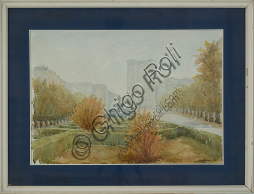 Rino Golinelli (1932): "L'autunno in largo Garibaldi", (acquerello, cm. 50 x 70).