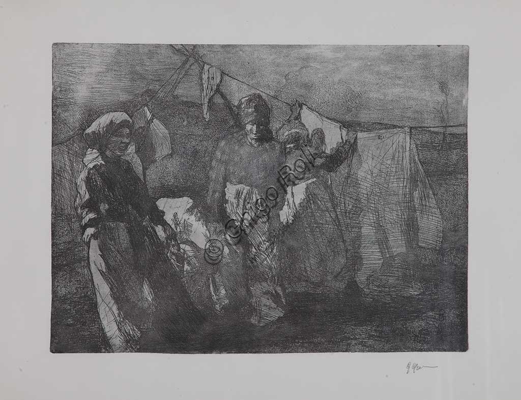   Assicoop - Unipol Collection: Giuseppe Graziosi (1879-1942), "Washerwomen", etching and aquatint on pape, plate.