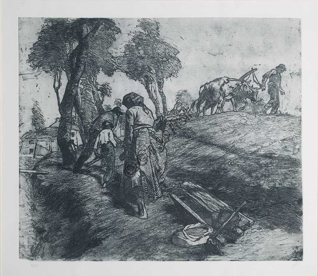   Assicoop - Unipol Collection: Giuseppe Graziosi (1879-1942), "Working in the Fields", etching and aquatint on paper, plate .