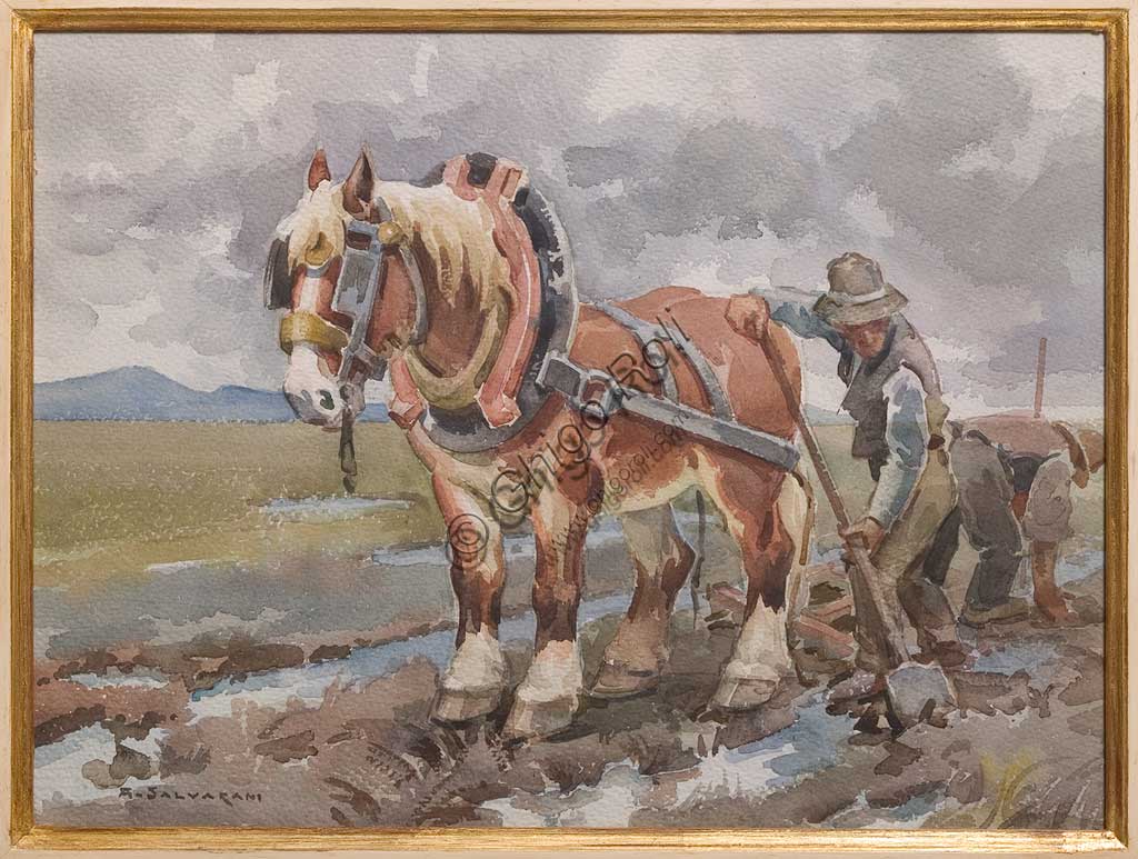 Assicoop - Unipol Collection: "Work in the Fields", 1930, watercolour on paper, by Arcangelo Salvarani (1882 - 1953).