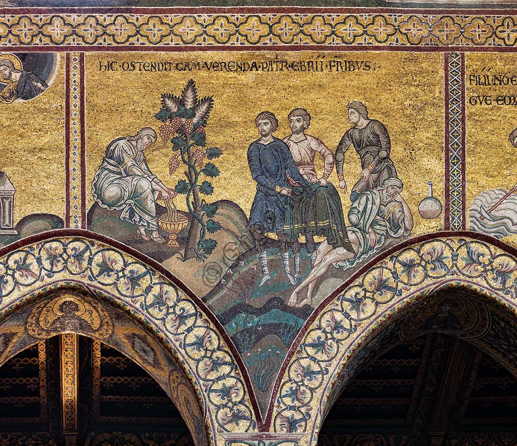 Monreale, Duomo: "L'ebbrezza di Noè", Ciclo del Vecchio Testamento - Diluvio Universale, Mosaici bizantini, XII - XIII sec.Iscrizione latina: "HIC OSTENDIT CAM VERENDA PATRIS EBRII FRATRIBUS".