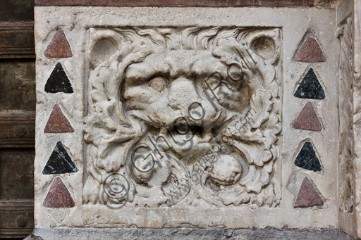 , Genoa, Duomo (St. Lawrence Cathedral), West side, the façade, the main doorway: "Lion", by Master of the Ark of the Baptist (about 1225), figured panel of the base decoration.