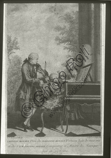 "Leopold, Marianne e Wolfgang Amadeus Mozart in un concerto familiare". Incisione, 1764, da un acquarello di Louis Carrogis Carmontelle, about 1763.