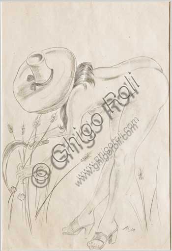 Assicoop - Unipol Collection: Mario Molinari (1903 - 1966) " Summer". Pencil erotic drawing, cm 32 x 21.
