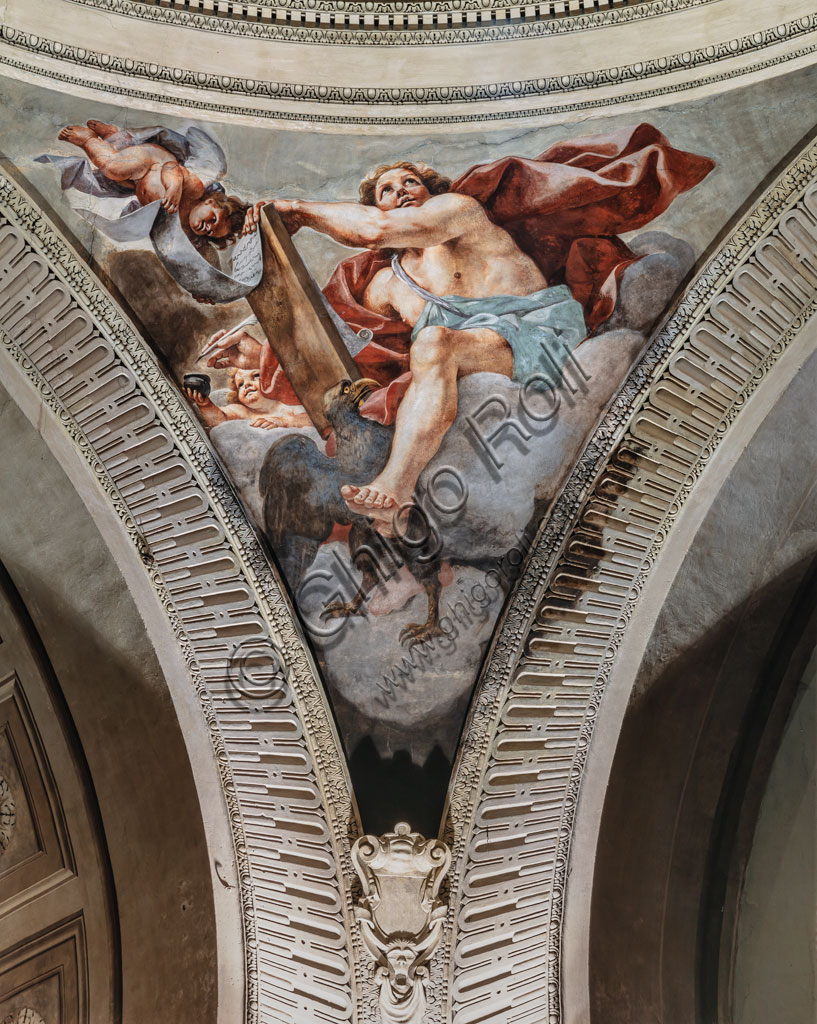 “L’evangelista Giovanni”, affresco di Mattia Preti, 1651-2, pennacchio della Chiesa di S. Biagio nel Carmine a Modena. 