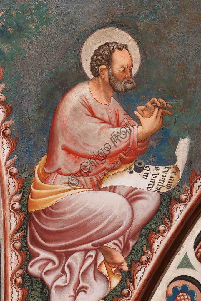 Vignola Stronghold, the Contrari Chapel, Eastern wall:  "St. Mark the Evangelist", writing  "Recumbentibus undecim". Fresco by the Master of Vignola, about 1420.