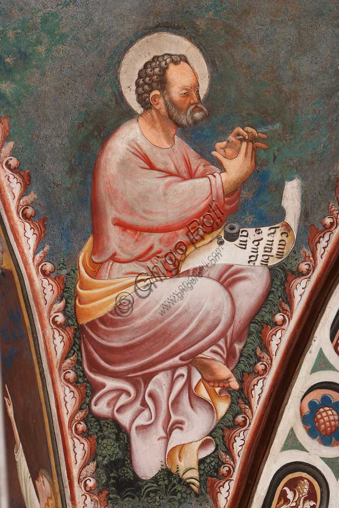 Vignola Stronghold, the Contrari Chapel, Eastern wall:  "St. Mark the Evangelist", writing  "Recumbentibus undecim". Fresco by the Master of Vignola, about 1420.