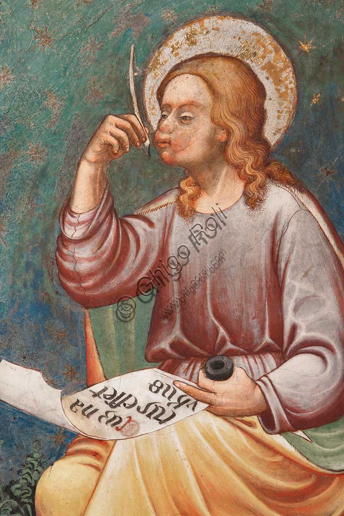 Rocca di Vignola, Cappella Contrari, parete meridionale: "L'Evangelista Matteo" che scrive "Cum natus esset Yhesus", affresco del Maestro di Vignola, anni Venti del Quattrocento. Particolare.