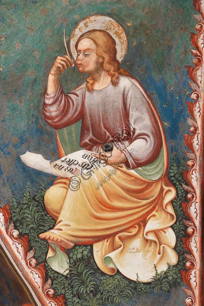 Vignola Stronghold, the Contrari Chapel, Southern wall: "St Matthew the Evangelist" writing "Cum natus esset Yhesus", fresco by the Master of Vignola, about 1420.