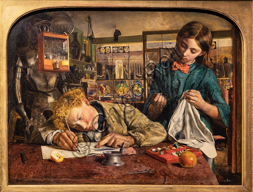"La lezione di scrittura di Kit", (1852)  di Robert Braithwaite Martineau (1826 - 1869); olio su tela.