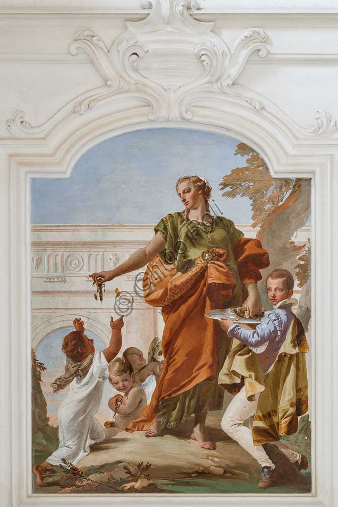 Villa Loschi  Motterle (già Zileri e Dal Verme), salone d'onore: "La Liberalità che dispensa doni", affresco allegorico di Giambattista Tiepolo (1734).