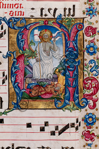 Libreria Piccolomini: corale cod. 101.7, cc. 14r con “Resurrezione di Cristo”, di Pellegrino di Mariano. Particolare.