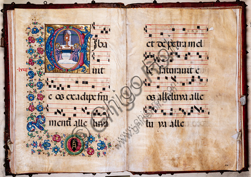 Libreria Piccolomini: corale cod. 101.7, cc. 63v-64r con “Corpus Domini”, di Pellegrino di Mariano. 