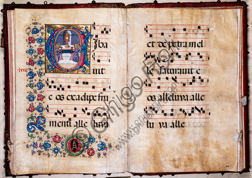 Piccolomini Library: choir book,  cod.  101.7, ff. 63v-64r with “Corpus Domini”, by  Pellegrino di Mariano.