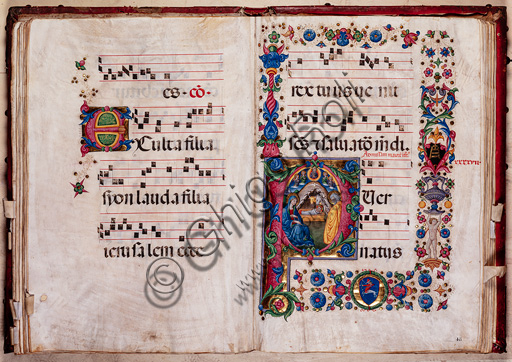 Libreria Piccolomini: corale cod. 102.8, cc. 47v-48r con “Natività”, di Pellegrino di Mariano. 