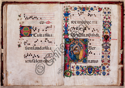 Piccolomini Library: choir book,  cod. 102.8, ff. 47v-48r with “Nativity”, by  Pellegrino di Mariano.