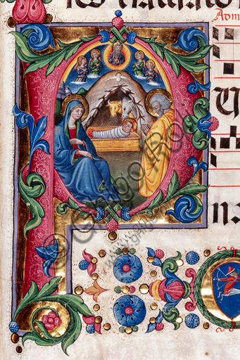 Piccolomini Library: choir book,  cod. 102.8, ff. 48r with “Nativity”, by  Pellegrino di Mariano. Detail.