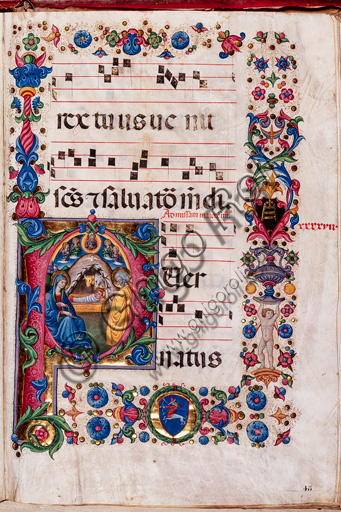 Piccolomini Library: choir book,  cod. 102.8, ff. 48r with “Nativity”, by  Pellegrino di Mariano.