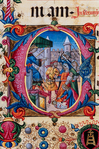 Piccolomini Library: choir book,  cod. 102.8, ff. 68v with “Massacre of Innocents”, by  Pellegrino di Mariano. Detail.