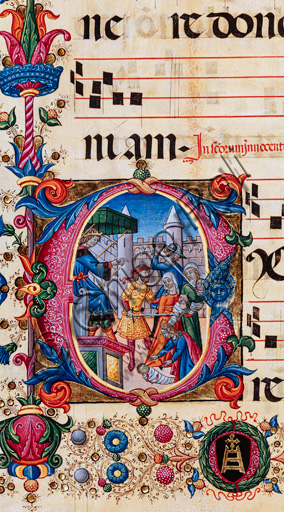 Piccolomini Library: choir book,  cod. 102.8, ff. 68v with “Massacre of Innocents”, by  Pellegrino di Mariano. Detail.