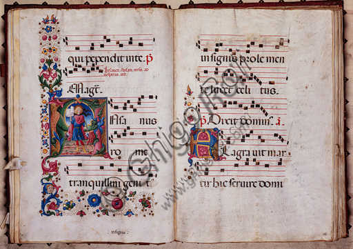 Piccolomini Library: choir book,  cod. 11.M, ff. 25v-26r  with “St. Ansanus”, by  Pellegrino di Mariano.