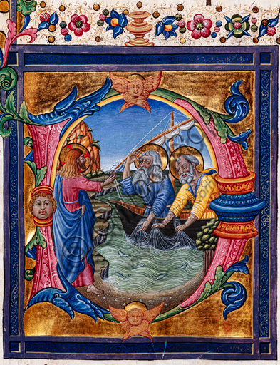 Piccolomini Library: choir book,  cod. 11.M, ff. 4rwith “Calling of St. Peter and St. Andrew”, by  Pellegrino di Mariano. Detail.