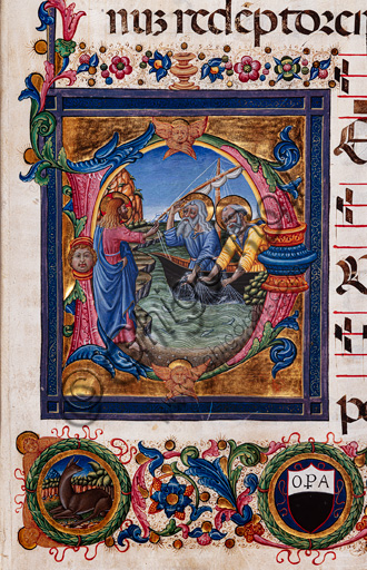Libreria Piccolomini: corale cod. 11.M, cc. 4r con “Vocazione dei Santi Pietro e Andrea”, di Pellegrino di Mariano. Particolare.