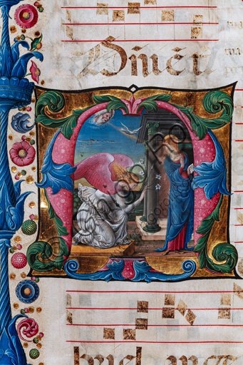 Piccolomini Library: choir book,  cod. 13.O, ff. 33v with “Annunciation”, by  Liberale da Verona  (about 1445  - 1527/9).  Detail.